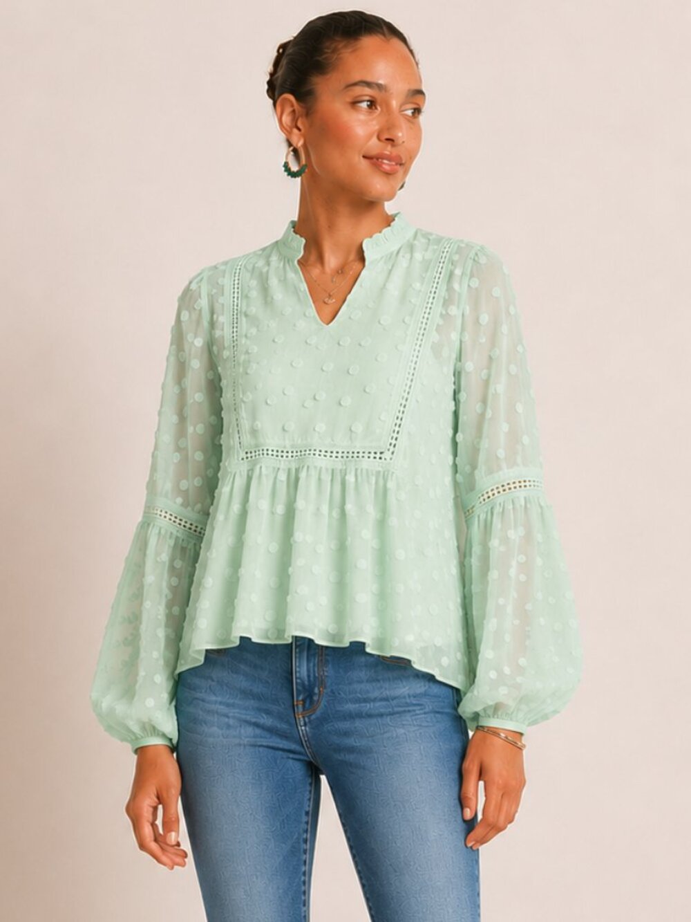 Boho Light Green Long Sleeve Top Medium NWOT
